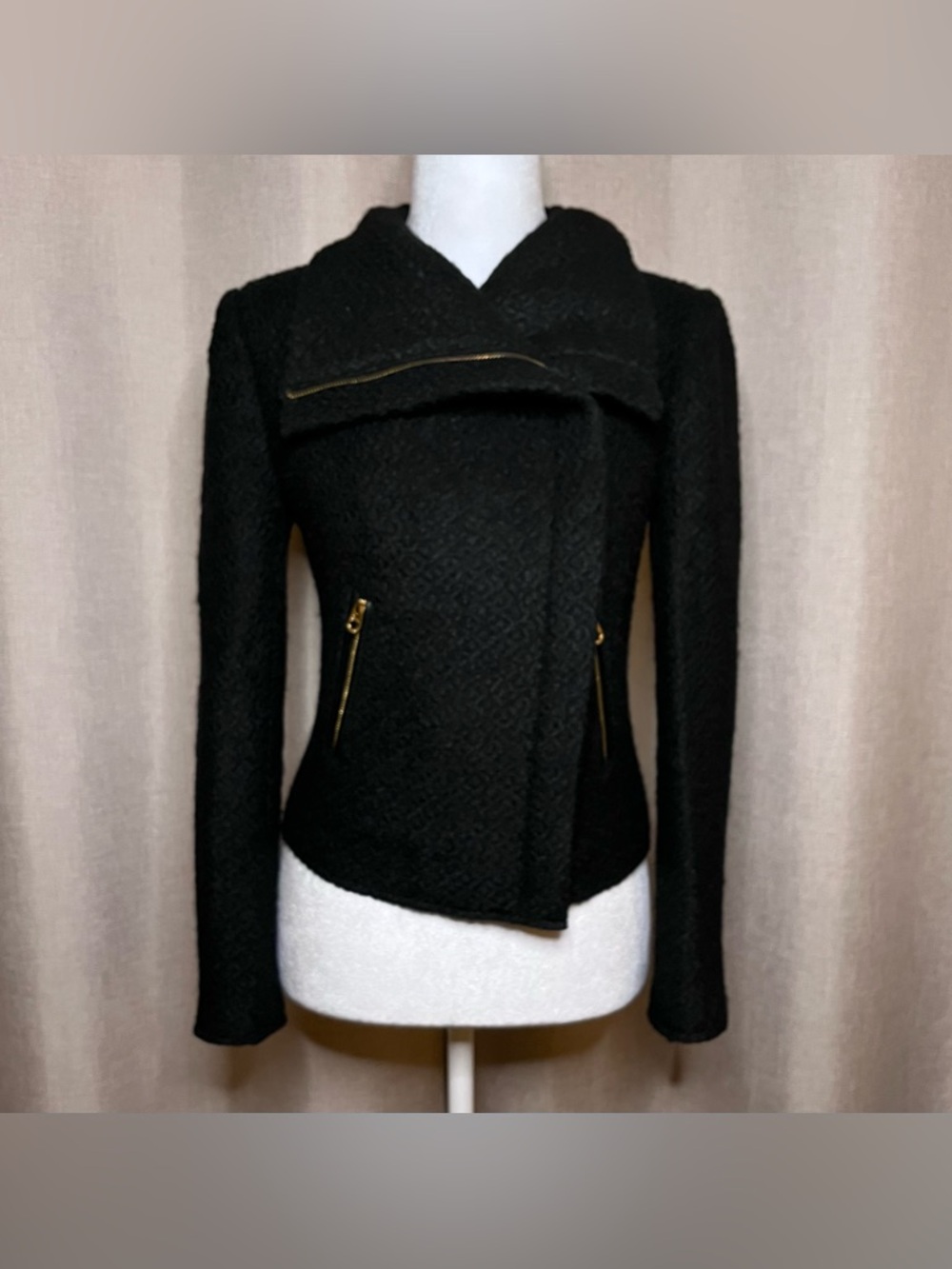Vintage Y2K Juicy Couture Biker Moto Wool Jacket Coat Black Wool Tweed Women’s S - Picture 3 of 15